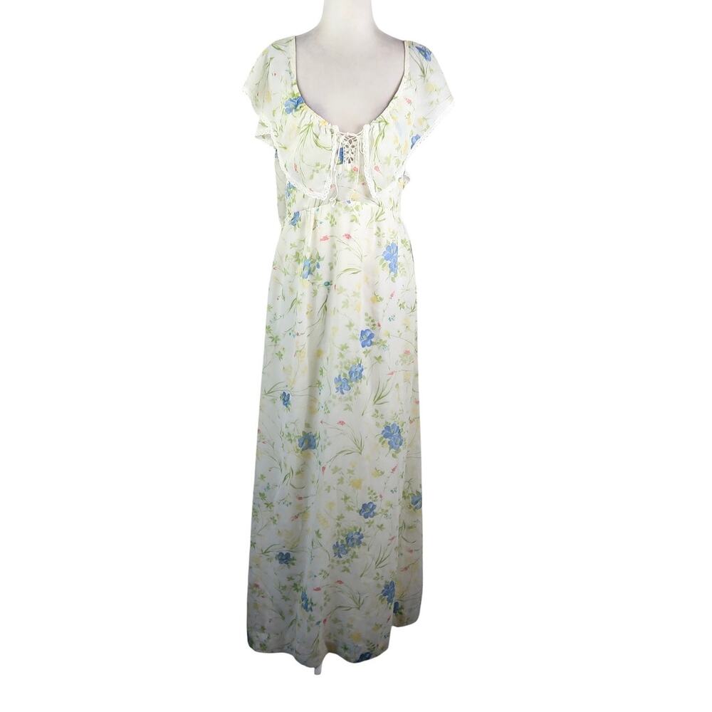 Vintage 70s Roberta California Cream Blue Floral Maxi Dress Prairie Cottagecore